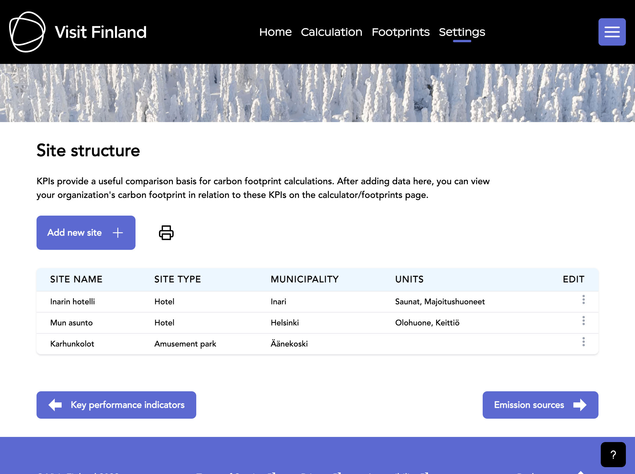 Screenshot of the Visit Finland Calculator application