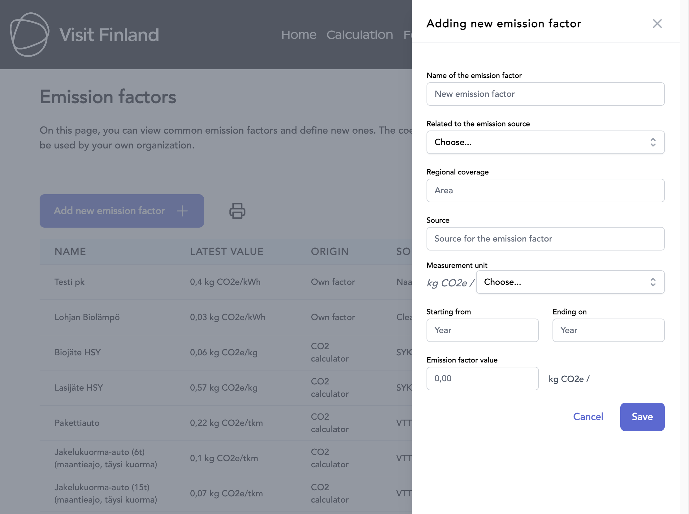 Screenshot of the Visit Finland Calculator application